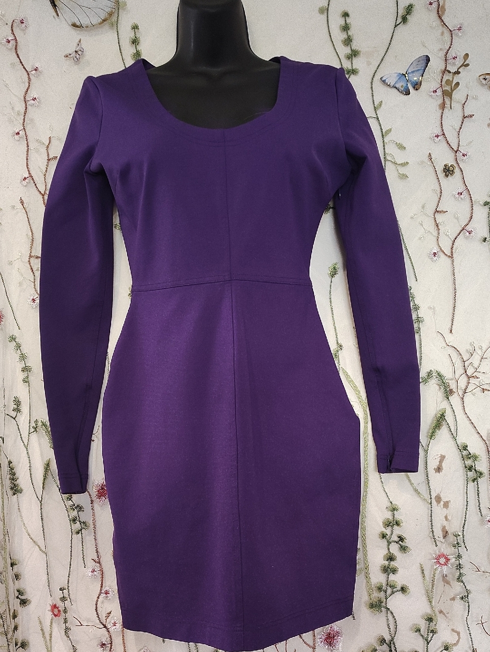 Robert Rodriguez Plum Long-Sleeve Scoop Neck Sheath Dress Classic New BlacDress